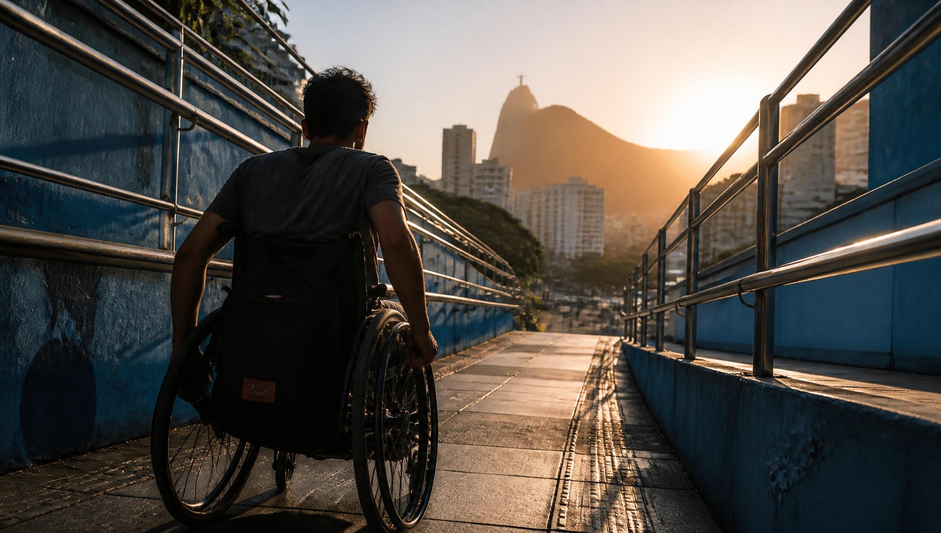 Pessoa em cadeira de rodas subindo uma rampa acessível no Rio de Janeiro ao entardecer